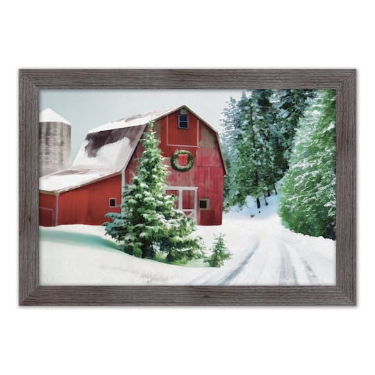 Designs Direct 30&#x22; x 20&#x22; Snowy Red Barn Western Gray Framed Print